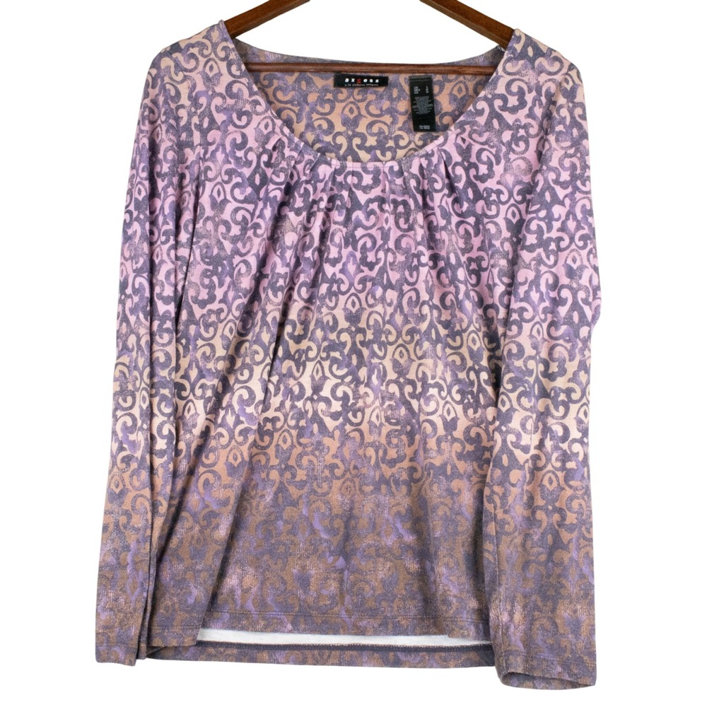 Axcess Womens L Ombre Scroll Print Top Y2K Gathered Neck Rayon Blend‎ Knit